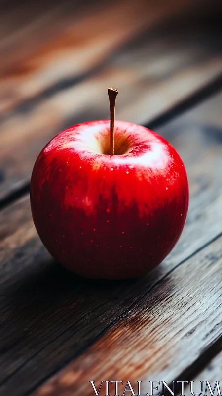 Red apple stands on rustic wooden table in soft light.