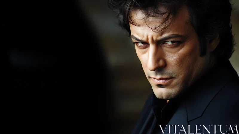 Brooding gaze carved in shadow and smoldering resolve.