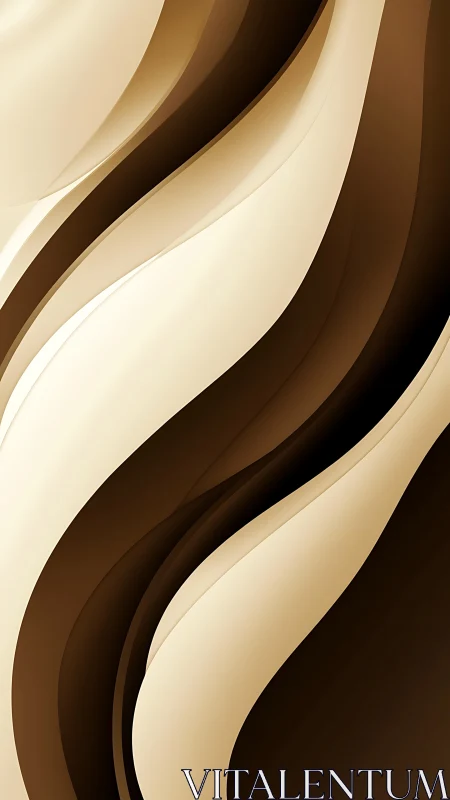 Curved beige ribbons over deep brown abstract waves.