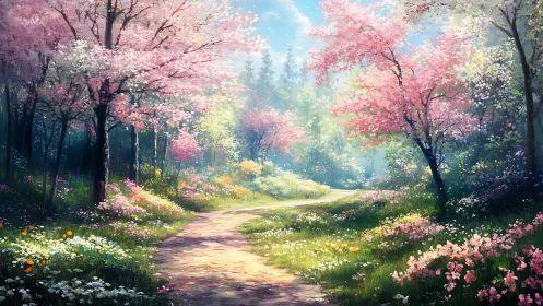 Blossoming Spring Pathway Through Enchanted Flowering Forest