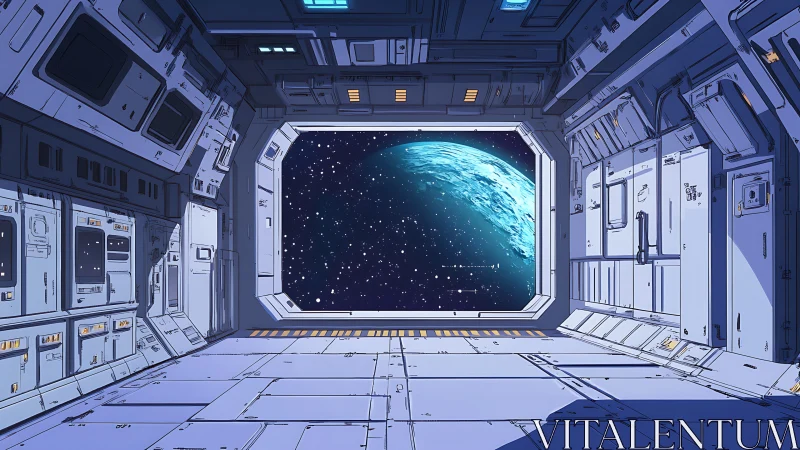 Quiet sci fi observation deck frames serene blue planet view