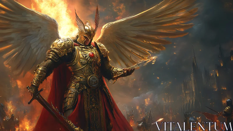 Armored angelic warlord guards burning siege cityscape.