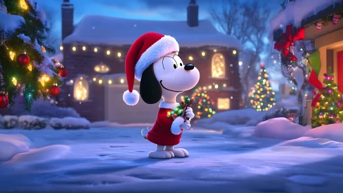 Cartoon dog in Santa outfit stands in luminous snowy courtyard