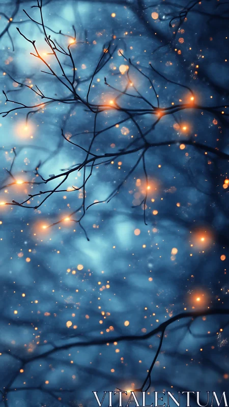 Bare tree branches with scattered orange light orbs at night.