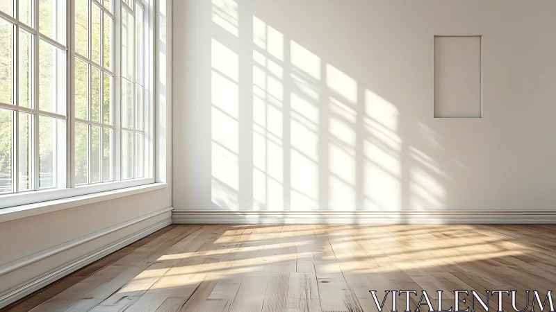Sunlit minimalist room with wide windows and warm floor.
