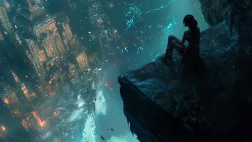 Cliffside rogue gazes over drowning neon ruin below.