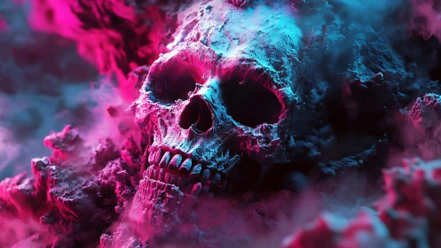 Human skull rendered in neon fog with high surface detail