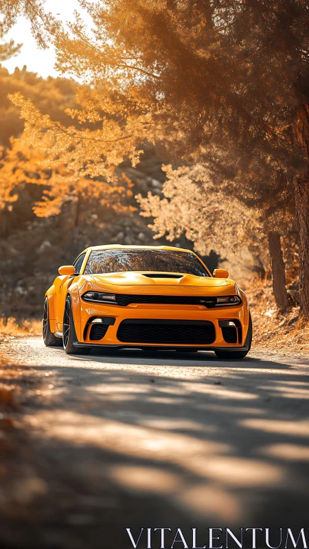 Orange muscle car dominates sunlit forest backroad scene.