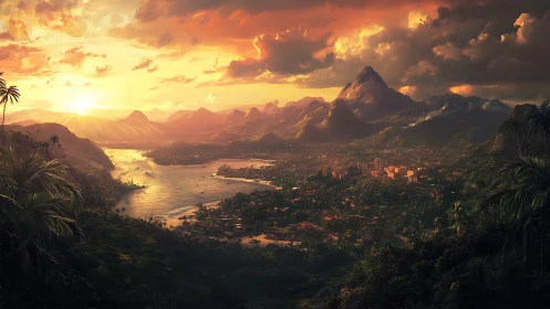 Sunlit tropical valley with river, city and volcanic peak.