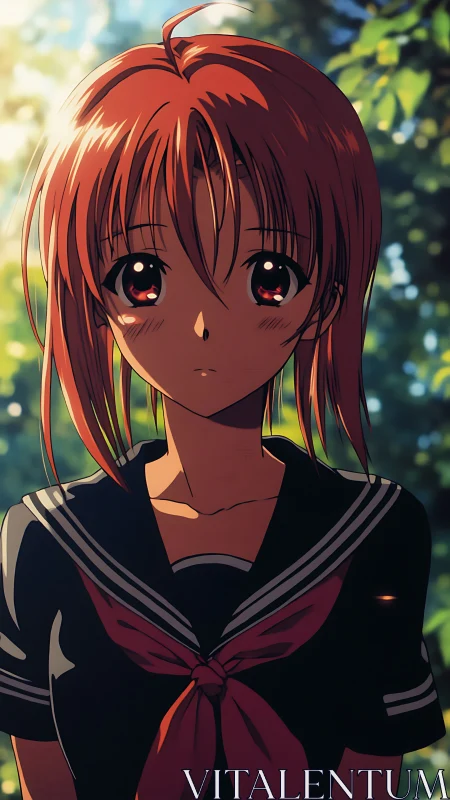 Red haired anime schoolgirl in uniform under soft light.