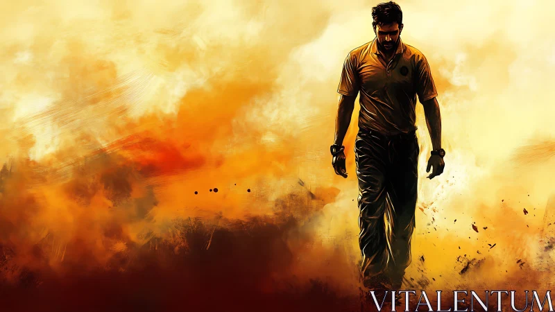 Solitary male figure in orange-toned abstract environment.