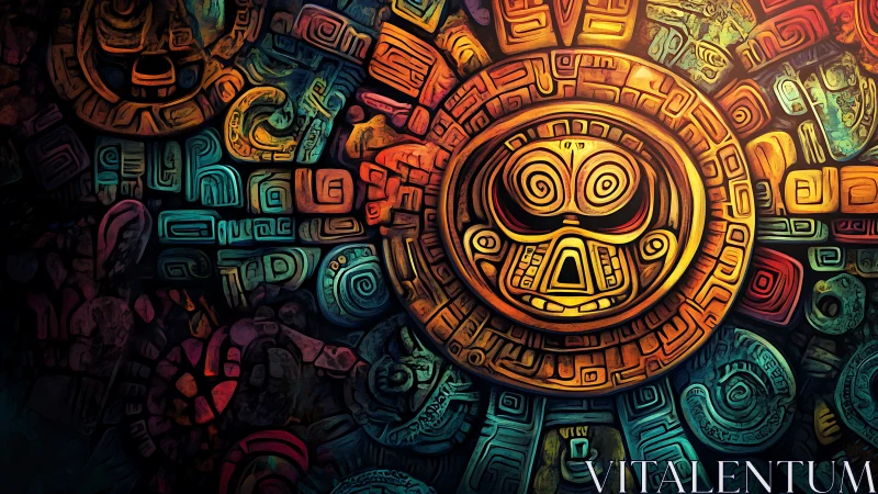 Aztec-inspired radial mask rendered in luminous digital relief