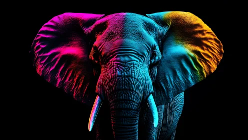 Radiant neon elephant glows softly against deep black night
