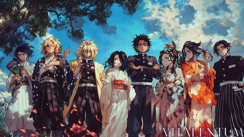 Anime students and kimono-clad friends stand under vivid sky.
