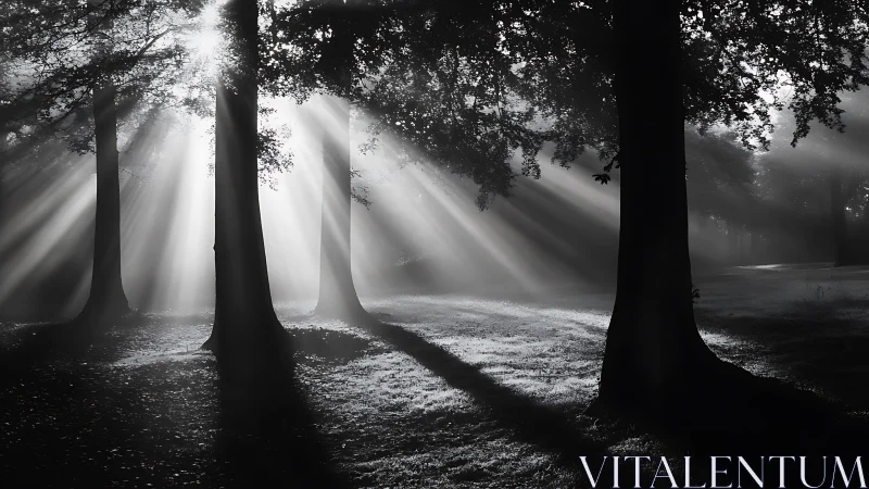 Morning sunbeams pour gently through a quiet forest grove
