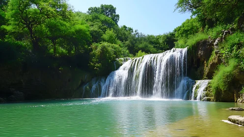 Photorealistic tiered waterfall with verdant riparian framing.