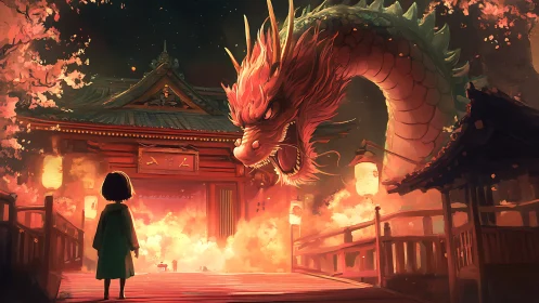 Girl confronts firelit dragon before shrine gate at night.