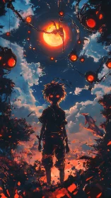 Young dreamer under a blazing cosmic sky of burning stars.