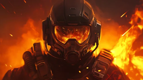 Armored soldier in flame-lit combat helmet and visor.