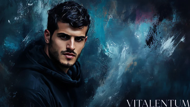 Brooding man emerges against moody abstract teal storm.