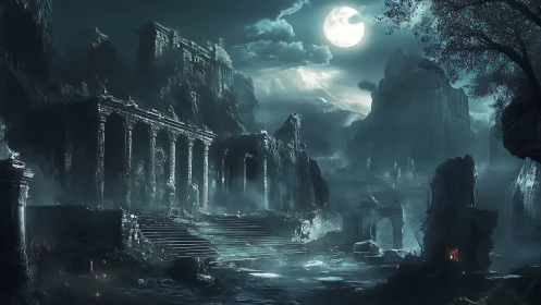 Moonlit ruined citadel rises through mist and jagged cliffs