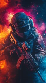 Armored soldier with rifle in intense fiery blue smoke