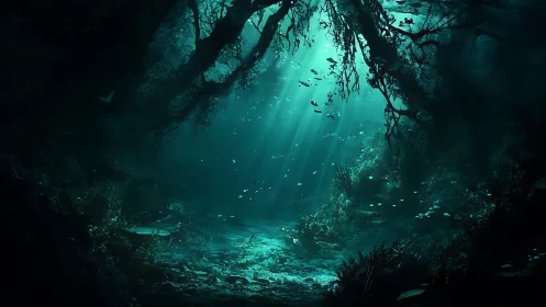 Submerged forest cavern with teal light rays and fish.