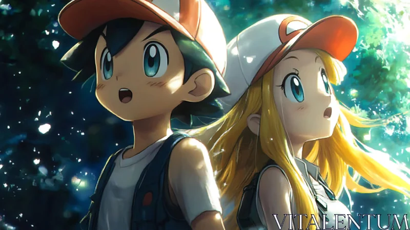 Anime kids in forest light with shocked upward gazes.