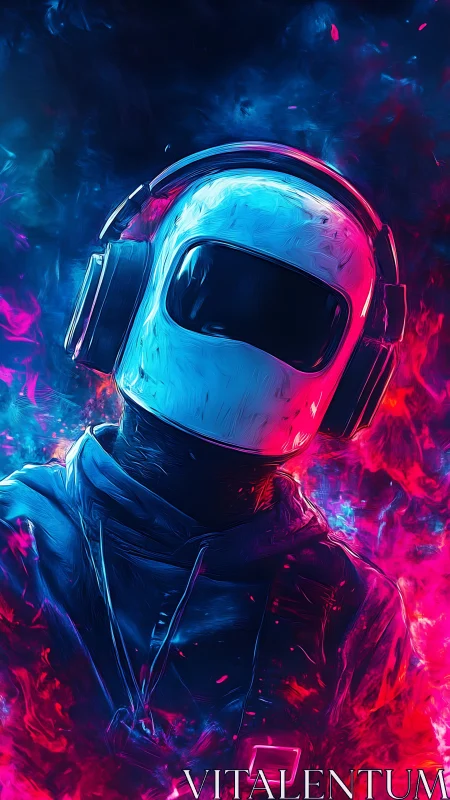 Neon helmeted listener in electric cyan and magenta glow.