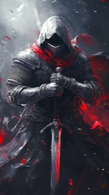Hooded armored figure with sword in red and gray environment.