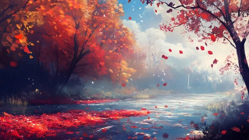 Autumn river landscape with dense trees and drifting leaves.