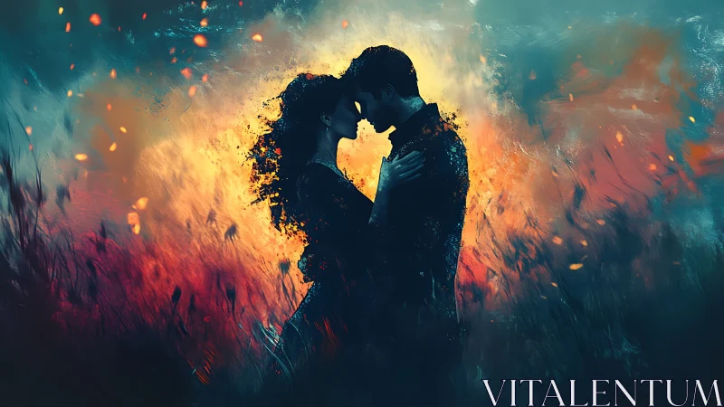 Silhouetted couple embracing against incandescent glow with dynamic particle dispersion effects