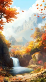 Autumn mountain valley waterfall under bright blue sky.