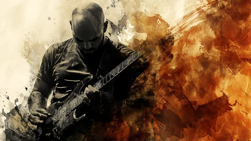 Bald guitarist playing electric guitar in fiery abstract art.