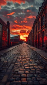 Fiery sunset ignites a moody cobblestone industrial street