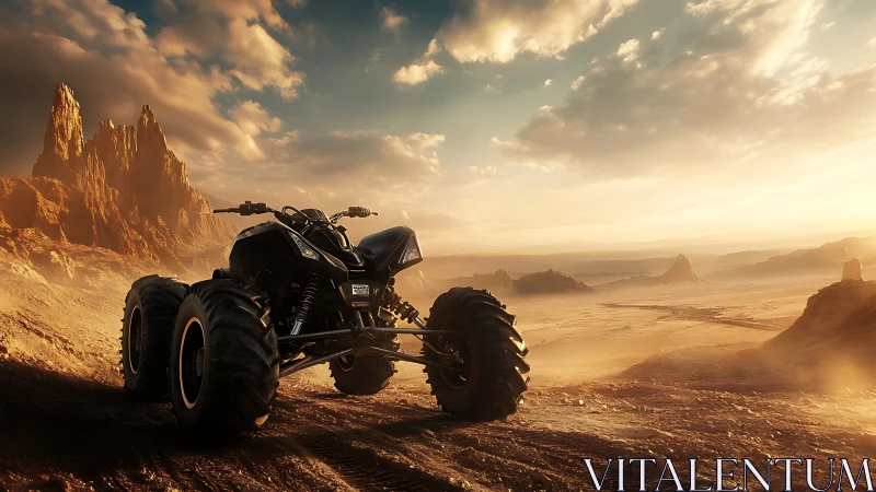 Solar-dusted desert rover prowls a windswept alien horizon.