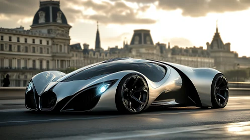 Futuristic silver supercar on city street at sunset.