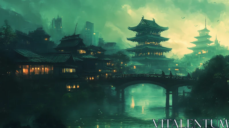 Fog-covered river city with layered pagodas at night.