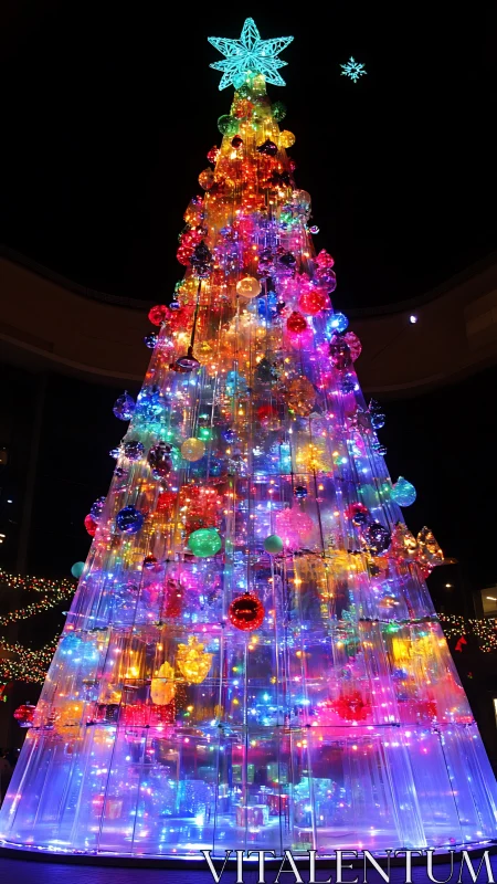 Iridescent glass Christmas tree glows with neon lights.