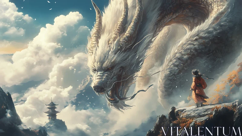 White sky dragon confronts lone wanderer on mountain cliff