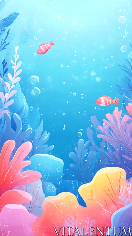 Gradient-lit coral reef illustration with stylized clownfish motion