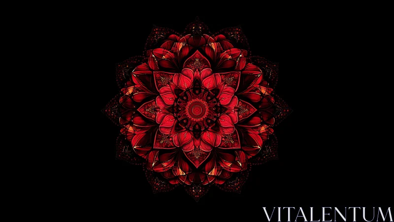 Radiant red fractal mandala glows against deep black void