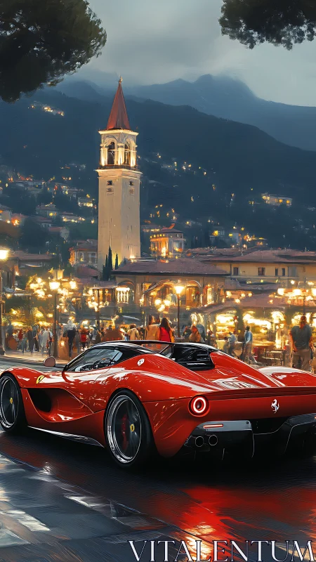 Red supercar glides through luminous Italian evening piazza.