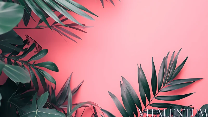 Tropical foliage framing coral pink minimalist backdrop.