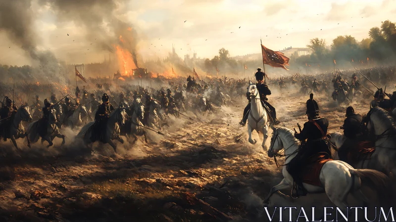 Medieval cavalry charge across smoky burning battlefield.