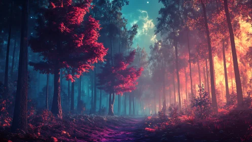 Neon Forest Path Through Illuminated Trees