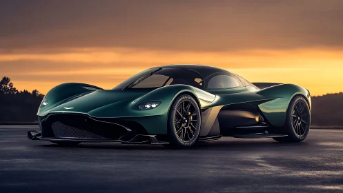 Aerodynamic hypercar rendered against a warm sunset horizon