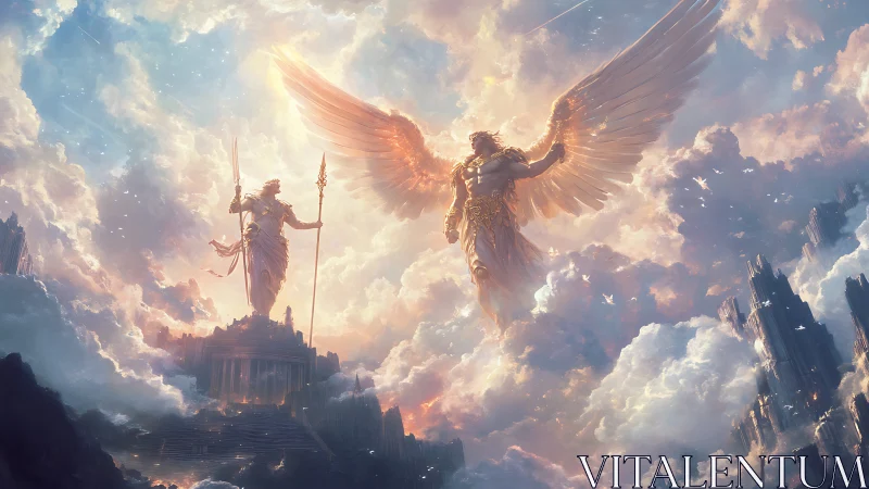 Winged armored figure confronts robed statue amid luminous clouds