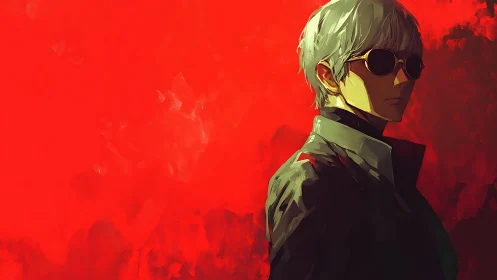 Male figure in sunglasses against vivid red backdrop.