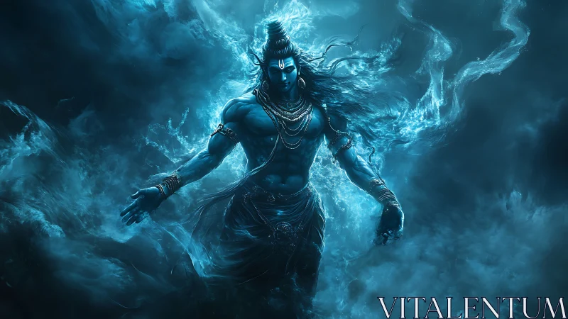 Mythic blue figure in swirling energy and vaporous clouds.